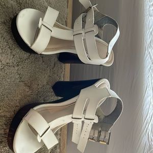 White bamboo heels with chunky heel